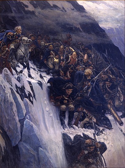В. Суриков. «Переход Суворова через Альпы». 1899 г. В. Суриков. «Покорение Сибири Ермаком Тимофеевичем». 1895 г.