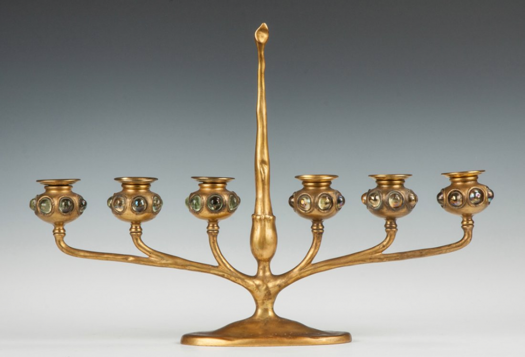 Tiffany Studios. Семирожковый подсвечник из золоченой бронзы