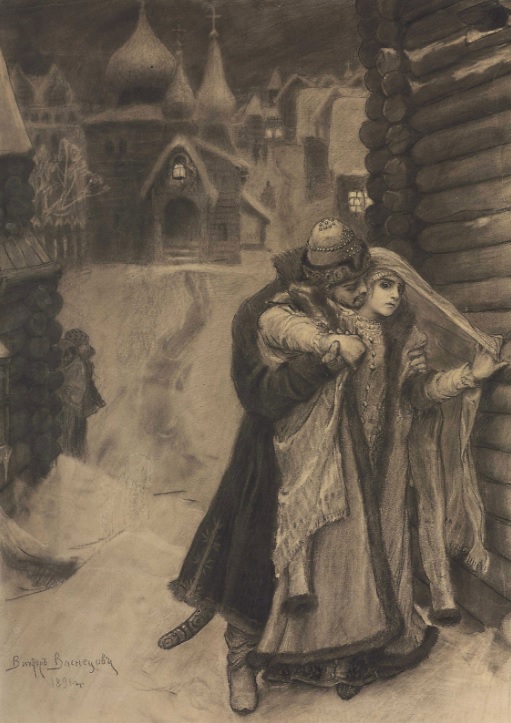 В. Васнецов. «Кирибеевич и Алена Дмитриевна из "Песни о купце Калашникове"» 1891 г. В. Васнецов. «Кирибеевич и Алена Дмитриевна из "Песни о купце Калашникове"» 1891 г.