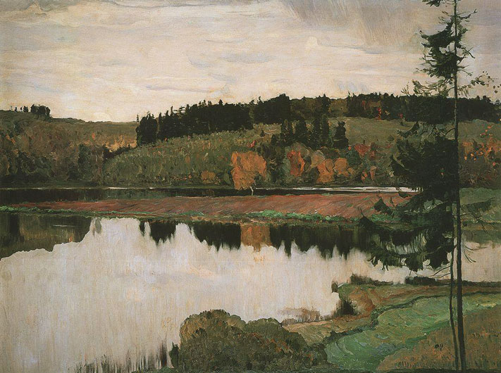 Картина М. Нестерова «Осенний пейзаж» в стиле нестеровского пейзажа. 1906 г.