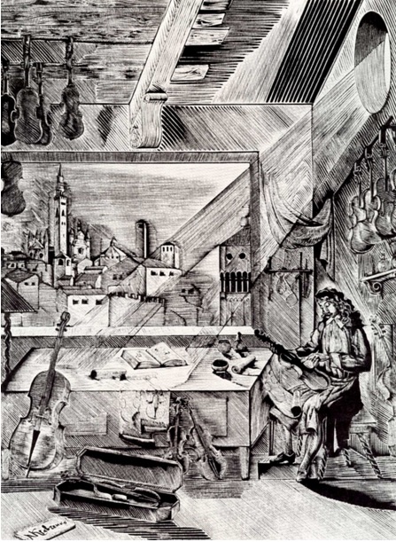 А.И. Кравченко. «Страдивари в своей мастерской». Ксилография. 1926 г.