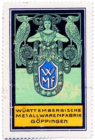 Четыре марки из серии, выпущенной 1905–1915 года по рекламным плакатам WMF, оформленным в стиле арт-нуво