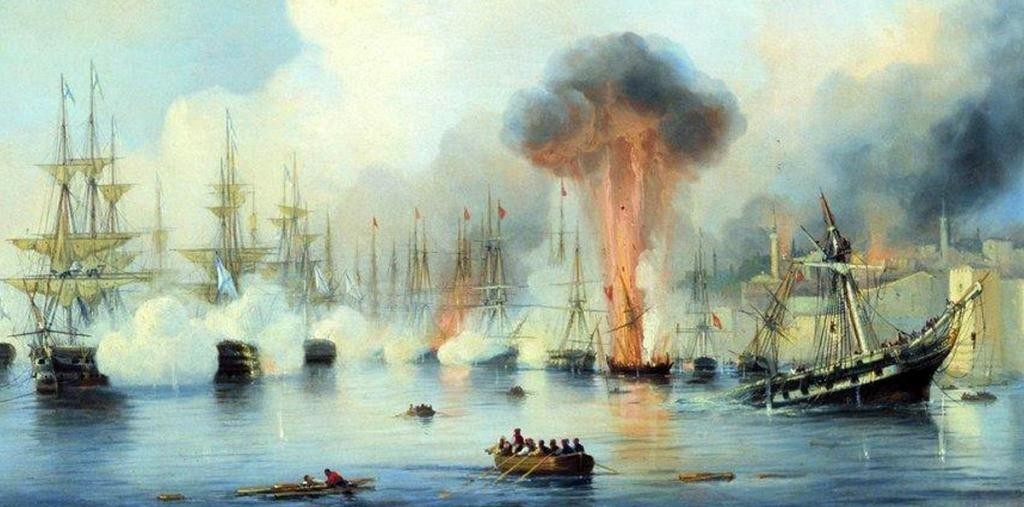 А. Боголюбов. «Синопский бой 18 ноября 1853 года». 1860 г. А. Боголюбов. «Синопский бой 18 ноября 1853 года». 1860 г.