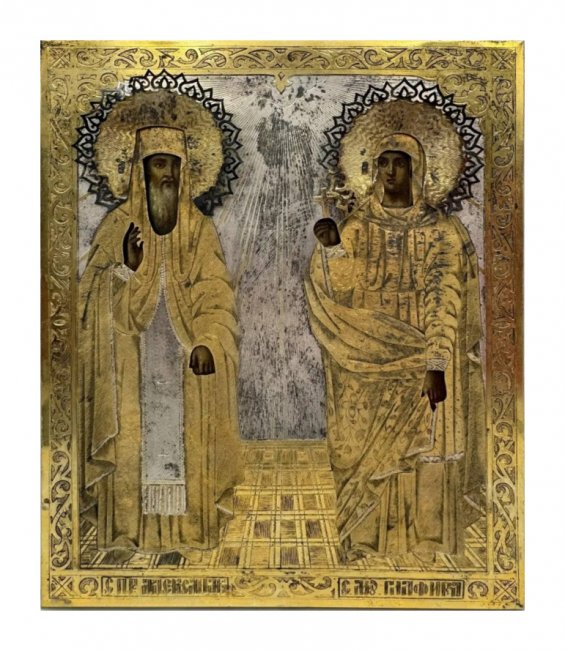 Икона «Преподобный Александр и мученица Глафира» в серебряном окладе. Дерево, темпера, серебро 84 пробы, Россия, 1876 год