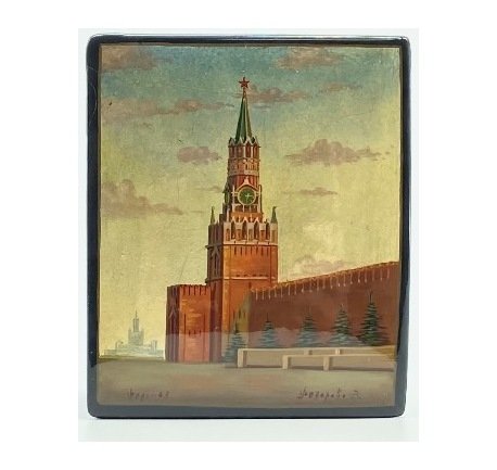 Шкатулка Спасская башня Московского Кремля. СССР, Федоскино, 1963 г. Папье-маше.