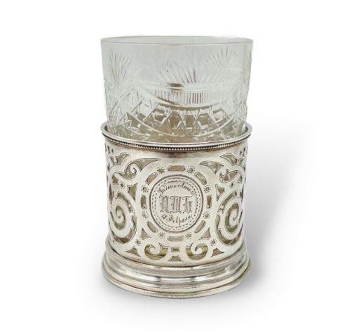Подстаканник «В день Ангела» со стаканом. Серебро 84 пробы, С. Иконников, Россия, 1881 год