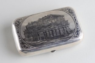 Портсигар с черневым узором. Большой театр. Серебро 84 пр. Российская империя, XIX в.
