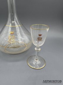 Штоф и две рюмки с баронской монограммой. Стекло, гравировка, золочение, Западная Европа, конец 19 века