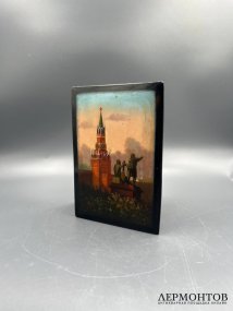 Лаковая шкатулка «Спасская башня и памятник Минину и Пожарскому». Папье-маше, живопись, Федоскино, художник Сидоров, СССР, 1959 год