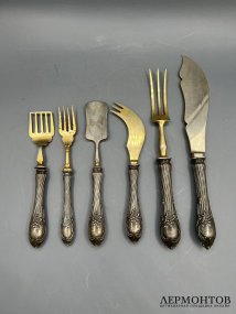 Сервировочный набор из 6 предметов. Серебро 84 пробы, сталь, Россия, 1908–1917 годы