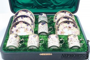 Кофейный сервиз Royal Crown Derby. Фарфор и серебро 925 пробы. Англия. Антиквариат