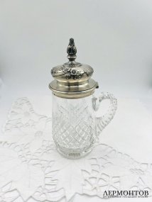 Пивная кружка с серебряной крышкой. Хрусталь, серебро 84 пробы, золочение, мастер ФК, Россия, 1899–1908 годы