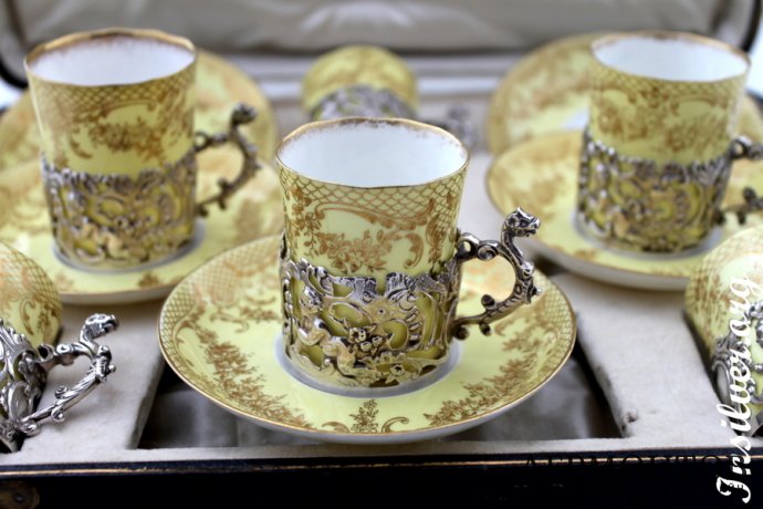 Кофейный сервиз Wedgwood & William Comyns. Фарфор и серебро 925 пробы. Англия