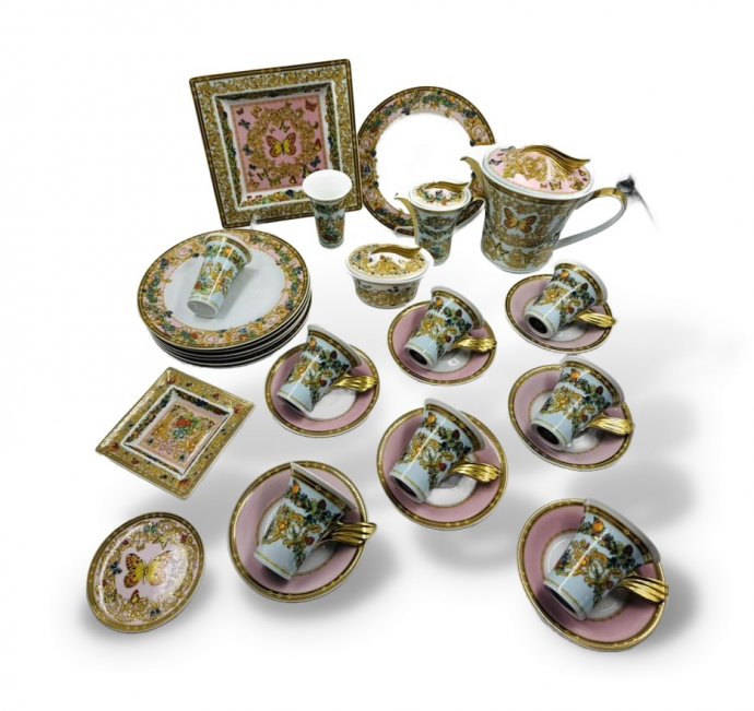 Чайный сервиз на 6 персон «Le Jardin des Papillons», форма Ikarus. Фарфор, золочение, Rosenthal, Versace