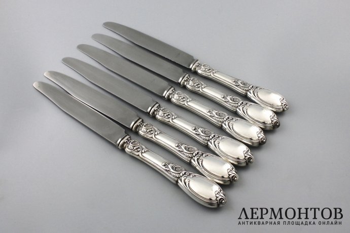 Набор столовых ножей. Серебро 950 пробы, сталь. Франция, конец XIX - нач. XX в.