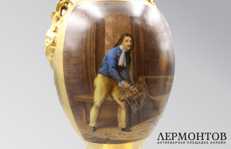 Ваза с изображением Петр I в Зандаме. Россия, бр. Корниловы, 1830-1840-е гг. Фарфор.
