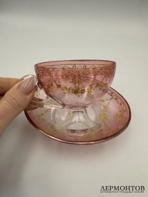Коллекционная кофейная пара, розовая. Стекло, роспись, Богемия, начало 20 века