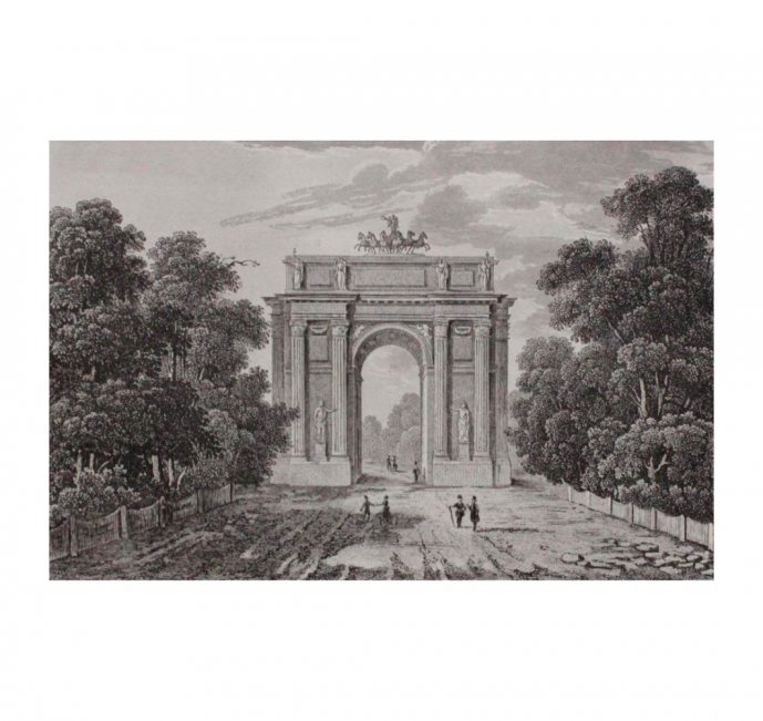 Гравюра. Нарвские ворота или Триумфальная арка в Петергофе.1838 год.