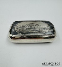 Табакерка с дворянской усадьбой. Серебро 84 пробы, чернь, Д. Петров, Россия, 1879 год