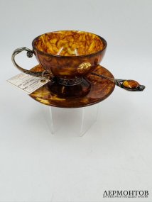 Чайная пара с ложкой. Янтарь, серебро 875 пробы, Россия, современная работа