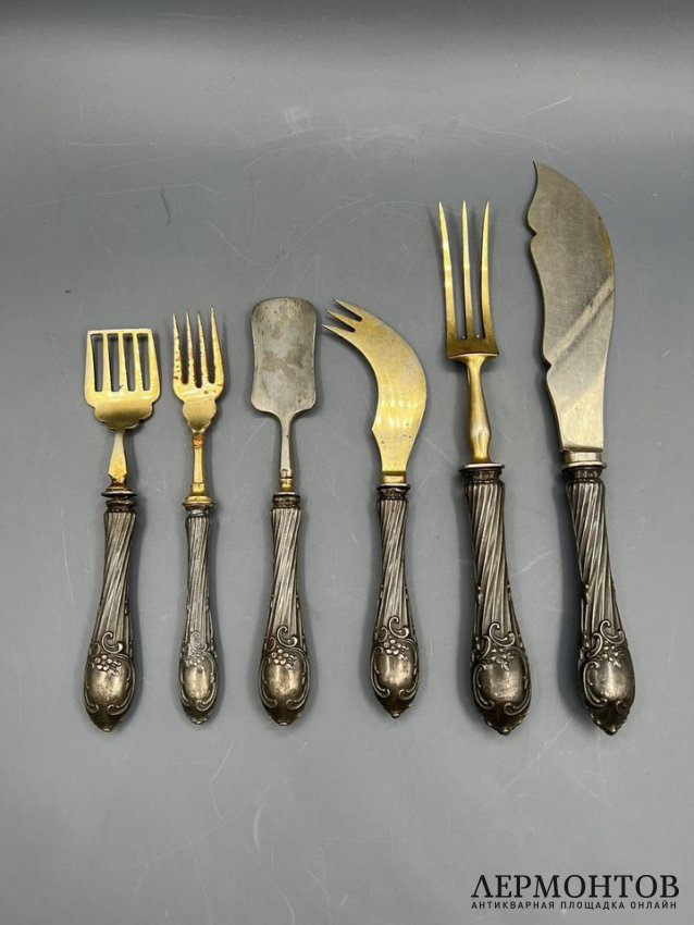 Сервировочный набор из 6 предметов. Серебро 84 пробы, сталь, Россия, 1908–1917 годы