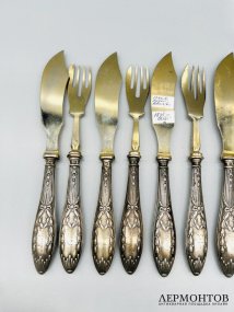 Набор для рыбы на 6 персон, 12 предметов. Серебро 84 пробы, Россия, 1908–1917 годы