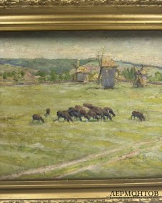 Картина «На пастбище». Оргалит, масло, Б. Е. Владимирский, Россия, начало 20 века