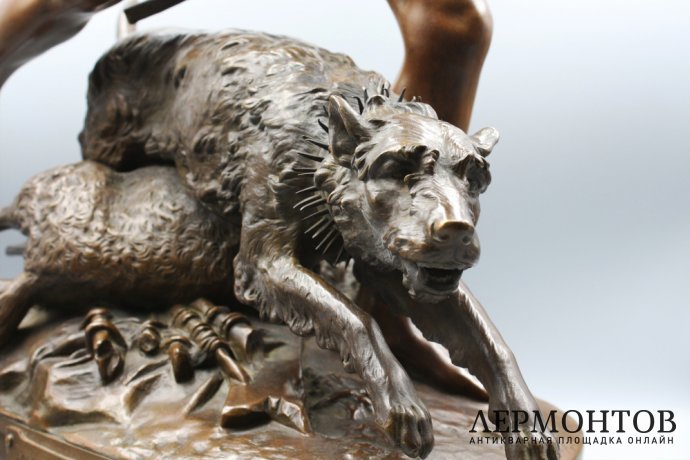 Скульптура Охота на волка. Франция, Париж, 19 век, скульптор Hiolin. Бронза, мрамор.