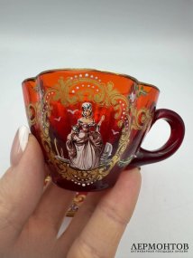 Коллекционная кофейная пара с дамой и розами. Стекло, роспись, Богемия, начало 20 века