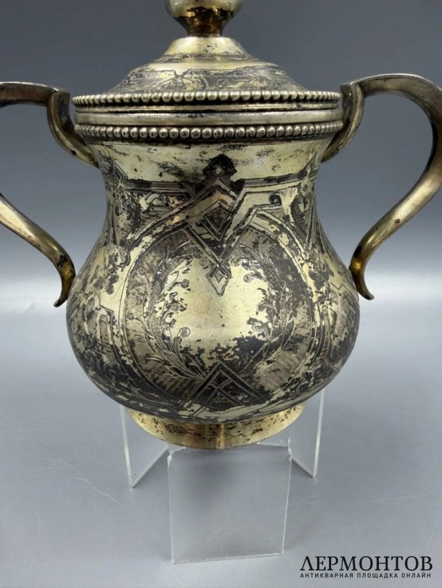 Сахарница в неорусском стиле. Серебро 84 пробы, чернь, Россия, 1878 год