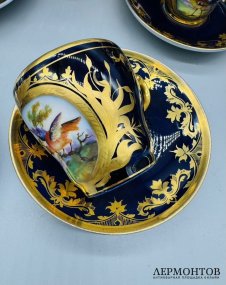 Кофейный сервиз с райскими птицами на кобальте. Фарфор, роспись, золочение, Германия, 19 век