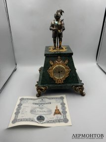 Каминные часы с фигурой рыцаря. Серебро 925 пробы, мрамор, Россия, современная работа