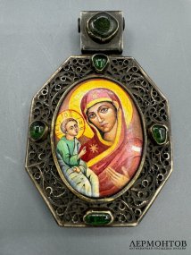 Панагия «Богоматерь с Младенцем». Белый металл, скань, эмаль, Россия, современная работа