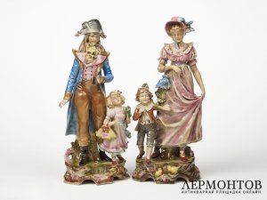 Парные статуэтки «Папа с дочкой» и «Мама с сыном». Фарфор, Gräfenthal, Германия, 1940–1950 годы