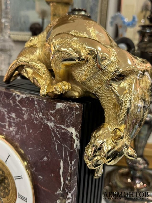 Настольные часы с пантерой. Мрамор, медь, позолота, дерево, Credan, Испания, наши дни