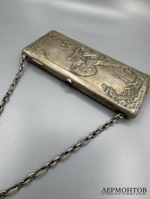 Театральная сумочка с профилем девушки с лирой. Серебро 84 пробы, ткань, Россия, 1908–1917 годы
