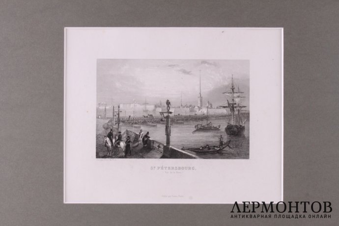 Гравюра. Санкт-Петербург. Вид на Неву. Братья Руарг. Франция, 1854 год.