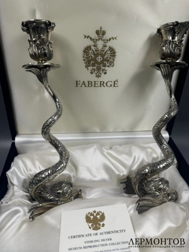 Парные подсвечники «Дельфины». Серебро 925 пробы, Faberge, Франция