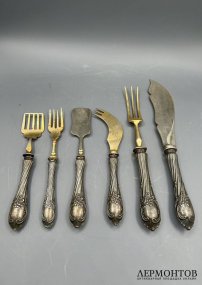 Сервировочный набор из 6 предметов. Серебро 84 пробы, сталь, Россия, 1908–1917 годы