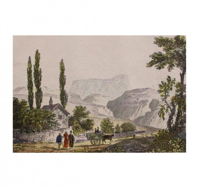 Гравюра с акварельной подкраской. Крым. Гора Чатыр-Даг. 1842 год.