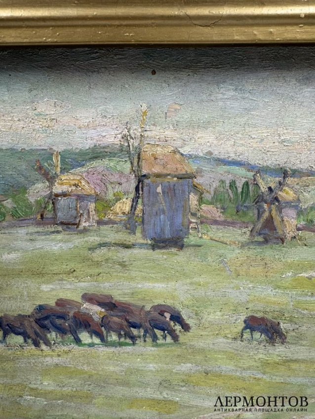 Картина «На пастбище». Оргалит, масло, Б. Е. Владимирский, Россия, начало 20 века