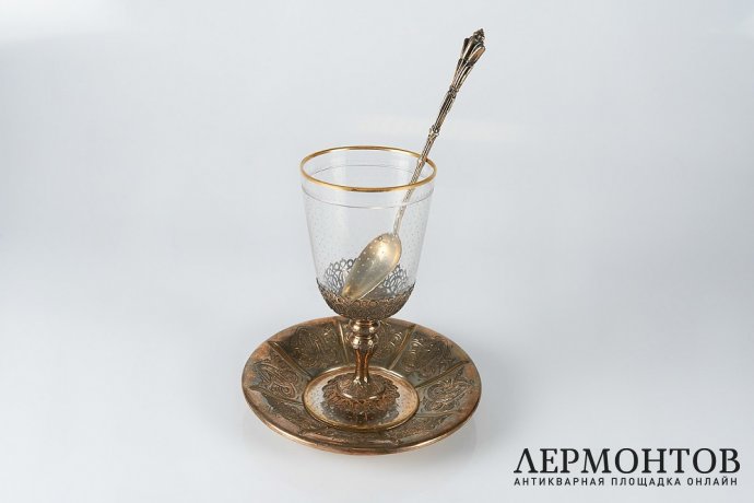 Десертный набор. Серебро 950, стекло, золочение. Франция,  XIX век. 