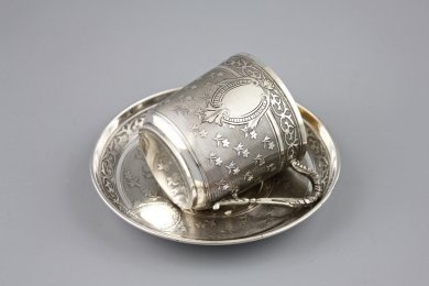 Кофейная пара. A. Debain. Серебро 950 пробы, гильоше. Франция, 1900-е.