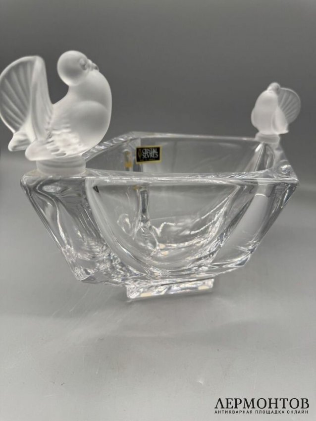 Ромбическая ваза для фруктов с птичками. Хрусталь, Cristal de Sèvres, Франция, 20 век