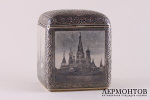 Чайница с видами Москвы. Василий Семенов. Серебро 88 пр., чернь. Россия, 1888 год.