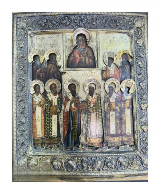 Икона «Феодоровская Божия Матерь и Собор святых». Серебро 84 пробы, 28-я артель, Россия, 19 — начало 20 века