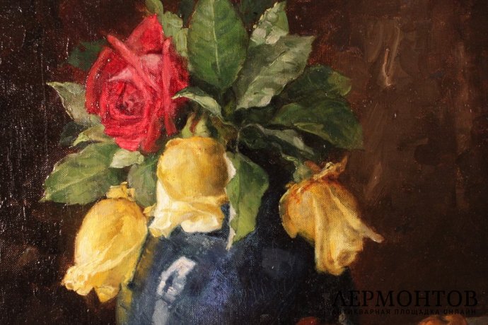 Натюрморт с розами и фруктами. Худ. Heinz Rauh. 1913 г. Холст, масло.