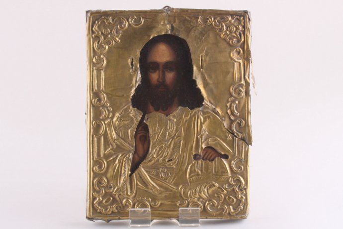 Икона "Господь Вседержитель" в латунном окладе. Россия, до 1917 г.