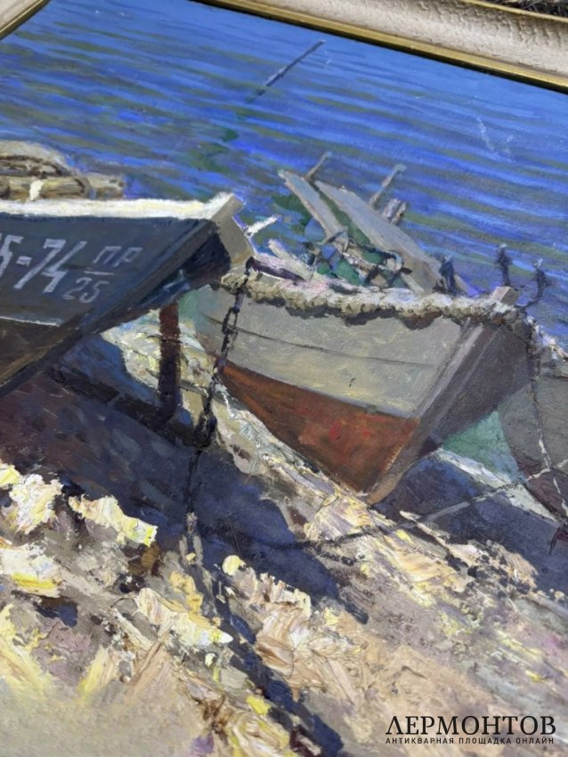 Картина «Лодки на причале». Холст, масло, СССР, середина 20 века