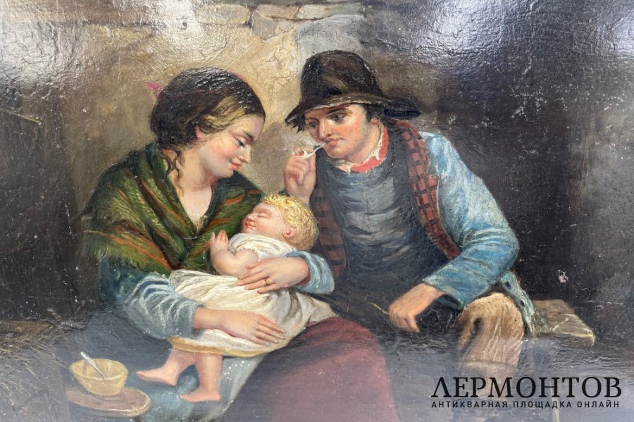 Картина Семейная сцена. Германия, середина 19 века, художник T. R. H. Дерево, масло.